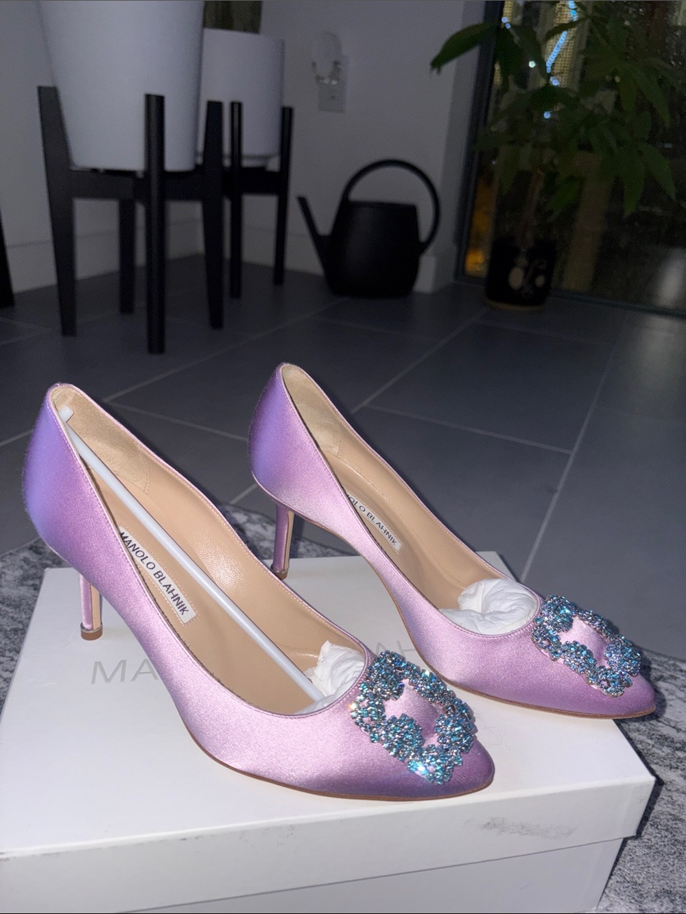 Manolo Blahnik Purple Satin Crystal-Embellished Pumps - Picture 4 of 8